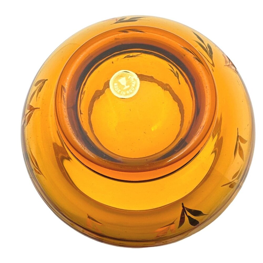 Vintage Roumania Amber Color Glass Jar Candy Dish Gold Trim Leaf Design European - Picture 4 of 11